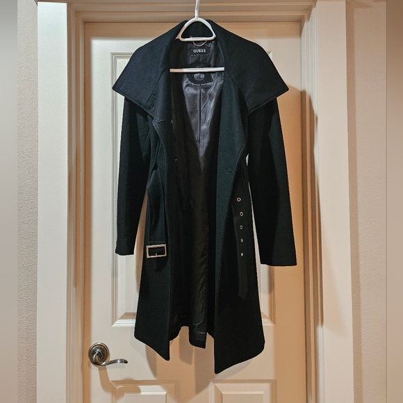Guess Double Breast Wool Blend Coat Heavyweight Funnel Neck Belt Siz 6 Black EUC - Picture 9 of 15